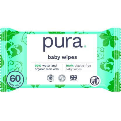 Picture of Pura Natural Sensitive Baby Wipes, 99% Water, Unscented & Hypoallergenic, Suitable for Sensitive & Eczema-prone Skin, Fragrance Free & Hypoallergenic, EWG Verified, 1 Pack of 60 Wet Wipes