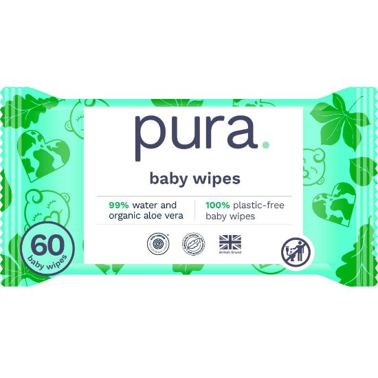 Picture of Pura Natural Sensitive Baby Wipes, 99% Water, Unscented & Hypoallergenic, Suitable for Sensitive & Eczema-prone Skin, Fragrance Free & Hypoallergenic, EWG Verified, 1 Pack of 60 Wet Wipes