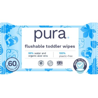 Picture of Pura Flushable Toddler Wipes 1 x 60 Wipes, 100% Plastic Free, 99% Water, Hypoallergenic & Fragrance Free, Totally Chlorine Free, Kids Toilet Wipes, Sensitive Skin