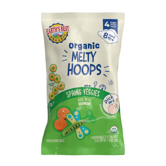 Picture of Earth's Best Organic Melty Hoops, Bite-Sized Snacks for Babies 8 Months and Up, Spring Veggie, 0.32 Ounce Individual Bags (Pack of 4)