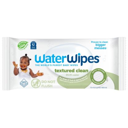 Picture of WaterWipes Plastic-Free Textured Clean, Toddler & Baby Wipes, 99.9% Water Based Wipes, Unscented & Hypoallergenic for Sensitive Skin, 60 Count (1 pack)