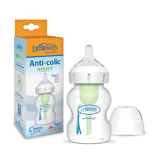 Picture of Dr. Brown's Natural Flow Anti-Colic Options+Wide-Neck Baby Bottle, 5 oz/150 mL, Level 1 Nipple, 1-Pack, 0m+