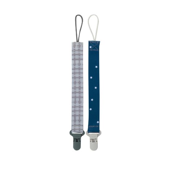 Picture of Nuby Pacifinder Baby Pacifier Clip - (2-Pack) - Pacifier Holder Clip with Convenient Hook Loop - Gray Plaid and Blue Stars