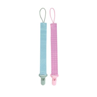 Picture of Nuby Pacifinder Baby Pacifier Clip - (2-Pack) - Pacifier Holder Clip with Convenient Hook Loop - Green Dots and Pink XOs