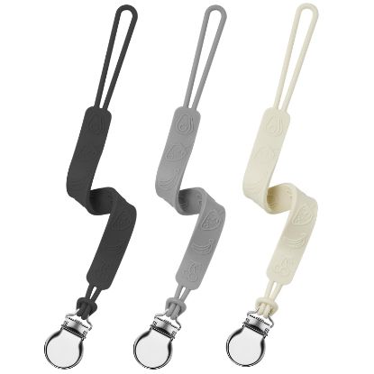 Picture of Silicone Pacifier Clip, Seposeve Pack of 3 Baby Pacifier Teether Clip with 4 Texture, Soft Flexible Silicone Pacifier Leashes & Cases for Boy and Girl, Keeps Pacifier Clean, Black Grey White