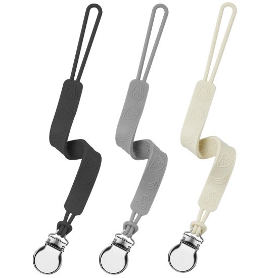 Picture of Silicone Pacifier Clip, Seposeve Pack of 3 Baby Pacifier Teether Clip with 4 Texture, Soft Flexible Silicone Pacifier Leashes & Cases for Boy and Girl, Keeps Pacifier Clean, Black Grey White