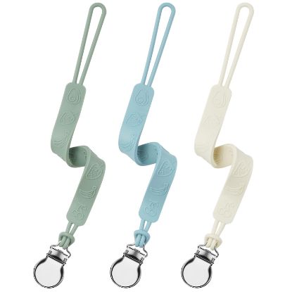 Picture of Silicone Pacifier Clip, Seposeve Pack of 3 Baby Pacifier Teether Clip with 4 Texture, Soft Flexible Silicone Pacifier Leashes & Cases for Boy and Girl, Keeps Pacifier Clean, Green Blue White