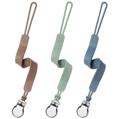 Picture of Silicone Pacifier Clip, Seposeve Pack of 3 Baby Pacifier Teether Clip with 4 Texture, Soft Flexible Silicone Pacifier Leashes & Cases for Boy and Girl, Keeps Pacifier Clean, Green Brown Blue