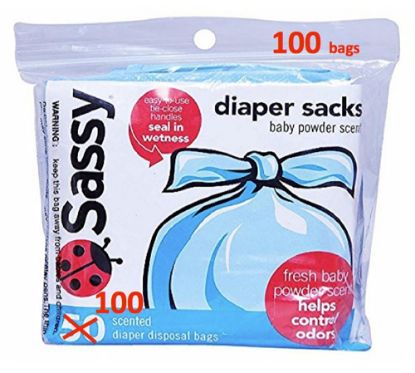 Picture of Sassy 100 Count Disposable Diaper Sacks, Powder Scented, 4-25 Sacks per Roll, Easy-to-Tie, Diaper Disposal or Pet Waste Bags