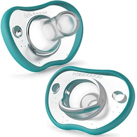 Picture of Nanobebe Baby Pacifiers 0-3 Month - Orthodontic, Curves Comfortably with Face Contour, Award Winning for Breastfeeding Babies, 100% Silicone, Perfect Baby Registry Gift 2pk,Teal