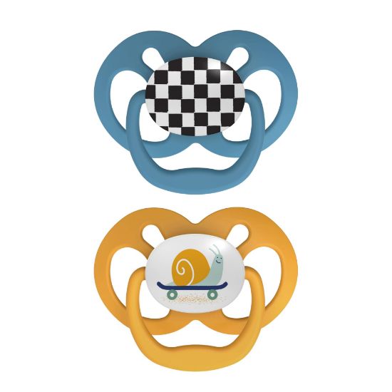 Picture of Dr. Brown's Advantage Baby Pacifier, Fully Symmetrical Soother with Soft Silicone Bulb, Skateboard Snail, 6-18m, BPA Free, 2 Pack