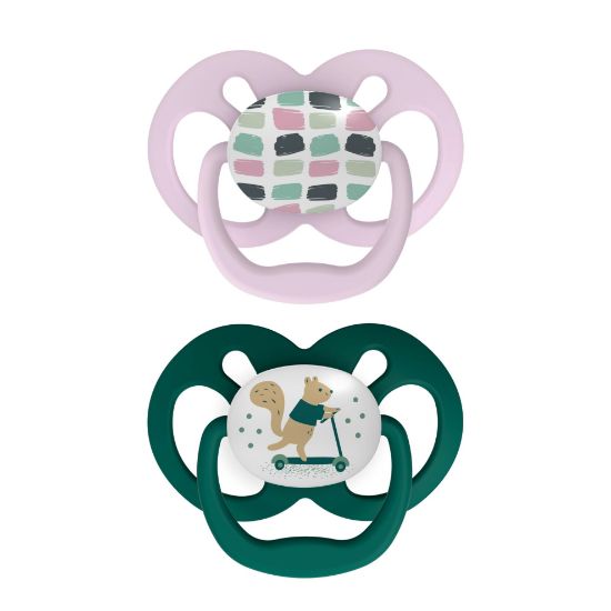 Picture of Dr. Brown's Advantage Baby Pacifier, Fully Symmetrical Soother with Soft Silicone Bulb, Scooter Squirrel, 6-18m, BPA Free, 2 Pack