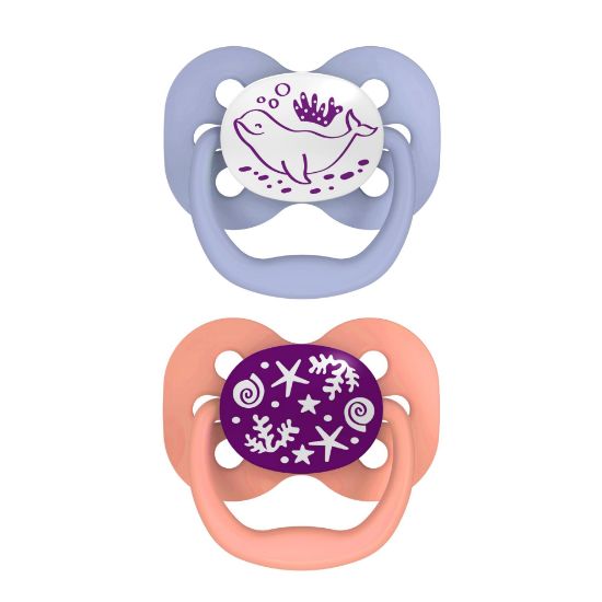 Picture of Dr. Brown's Advantage Glow-in-the-Dark Baby Pacifier, Fully Symmetrical Soother with Soft Silicone Bulb, Coral Ocean, 0-6m, BPA Free, 2 Pack