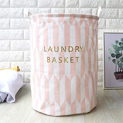 Picture of Laundry Basket 11.8x17.7 Inch Cotton Storage Basket Men/Women Kids/Baby Organize Clothes Gifts Toys&Diapers Neutral Pink&Gray Foldable Baskets with Handle Laundry/Bedroom/Bathroom (Pink)
