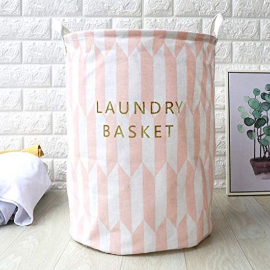 Picture of Laundry Basket 11.8x17.7 Inch Cotton Storage Basket Men/Women Kids/Baby Organize Clothes Gifts Toys&Diapers Neutral Pink&Gray Foldable Baskets with Handle Laundry/Bedroom/Bathroom (Pink)