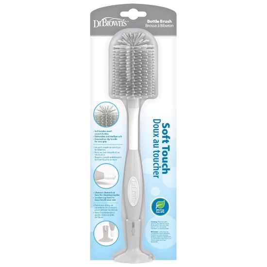 Picture of Dr. Brown's Soft Touch No Scratch Baby Bottle Cleaning Brush, Nipple Cleaner & Suction Cup Base for Easy Storage, BPA Free, Gray