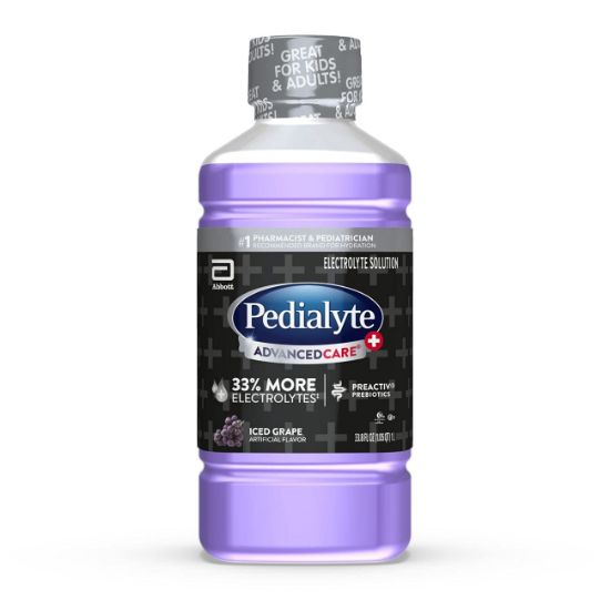 Picture of Pedialyte AdvancedCare Plus Electrolyte Hydration Drink, Has 33% More Electrolytes and Has PreActiv Prebiotics, Iced Grape, 1 Liter