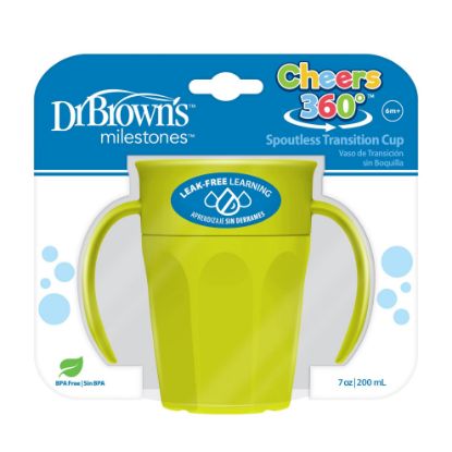 Picture of Dr Brown's Milestones Cheers 360 Cup Spoutless Transition Cup with Handles for Easy Grip & Leak-Free Learning, Green, 7oz/200mL, 6m+