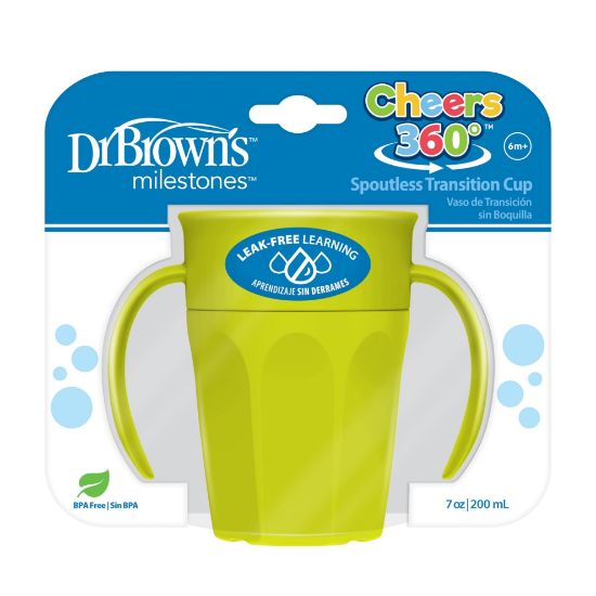 Picture of Dr Brown's Milestones Cheers 360 Cup Spoutless Transition Cup with Handles for Easy Grip & Leak-Free Learning, Green, 7oz/200mL, 6m+