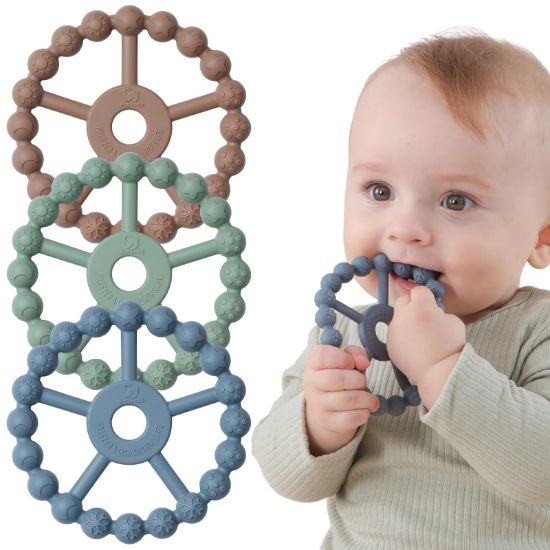 Picture of 3 Pack Ring Teether Baby Infant Toys, Silicone Teething Ring Toys for Babies 0-6 Months, Seposeve Baby Teethers 6-12 Months 12-24 Months, Easy to Grasp Toy, Baby Teething Relief, Brown Green Blue