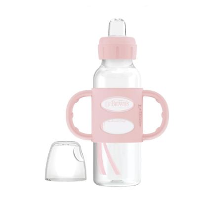 Picture of Dr. Brown's Milestones Narrow Sippy Spout Bottle with 100% Silicone Handles, Easy-Grip Handles with Soft Sippy Spout, 8oz/250mL, Light-Pink, 1-Pack, 6m+