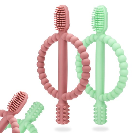 Picture of Baby Teething Toys with Easy-Hold Handle, Silicone Infant Toothbrush, Textured On Both Sides Helps Massage, Soothe Sore Gums, Teething Toys for Babies 0-6 Months, 6-12 Months Bright Green & Caramel