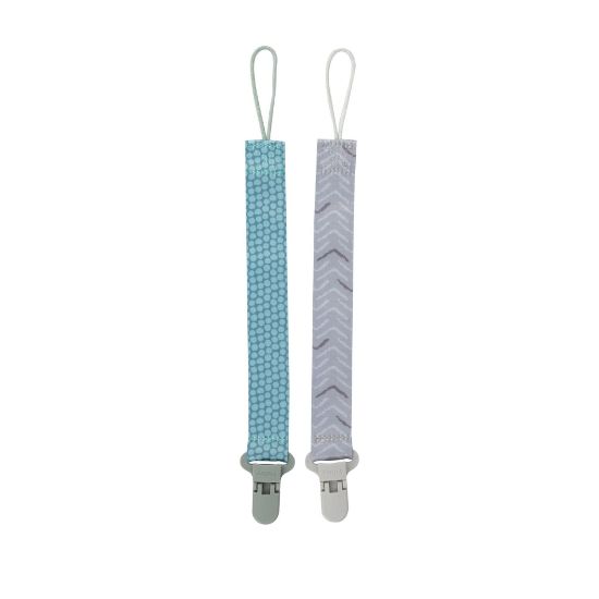 Picture of Nuby Pacifinder Baby Pacifier Clip - (2-Pack) - Pacifier Holder Clip with Convenient Hook Loop - Green Dots and Gray Arrows