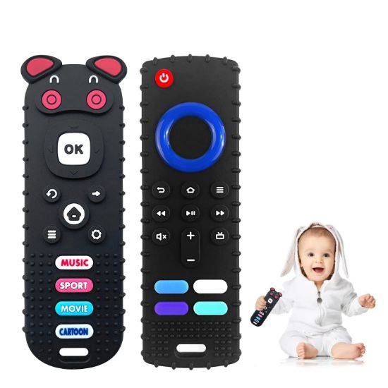 Picture of ERSIHUA 2-Pack Silicone Baby Teething Toys, TV Remote Teethers for 6-12-18 Months Infant, Fire Remote Control Shape Toddlers Silicone Teethers, Chew Toys for Boys and Girls (PFTV-Black+Black)