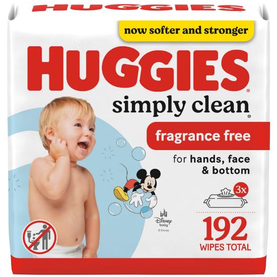 Picture of Huggies Simply Clean Unscented Baby Diaper Wipes, 3 Flip-Top Packs (192 Wipes Total), Packaging May Vary