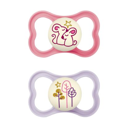 Picture of MAM Air Night Baby Pacifier, for Sensitive Skin, Glows in The Dark, 2 Pack, 6-16 Months, Girl, Designs May Vary