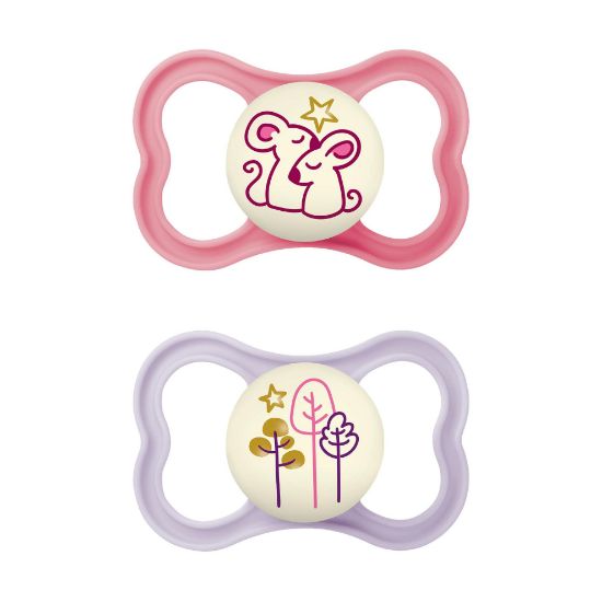Picture of MAM Air Night Baby Pacifier, for Sensitive Skin, Glows in The Dark, 2 Pack, 6-16 Months, Girl, Designs May Vary