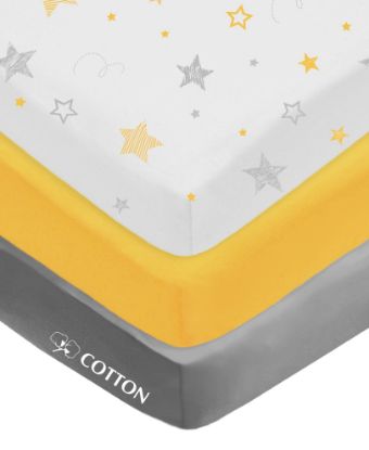 Picture of American Baby Company 3 Pack Fitted Mini Crib Sheet 24" x 38", Soft Breathable Neutral 100% Cotton Jersey Portable Sheet, Yellow Star/Yellow/Gray, for Boys and Girls, Fits Most Pack N Play Mattresses