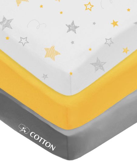 Picture of American Baby Company 3 Pack Fitted Mini Crib Sheet 24" x 38", Soft Breathable Neutral 100% Cotton Jersey Portable Sheet, Yellow Star/Yellow/Gray, for Boys and Girls, Fits Most Pack N Play Mattresses