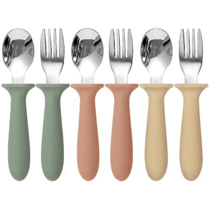 Picture of Eascrozn 6 Pack Toddler Utensils, kids Silverware with Silicone Handle, 18/8 Stainless Steel Children Safe Spoons and Forks Set Baby Feeding Essentials, Dishwasher Safe