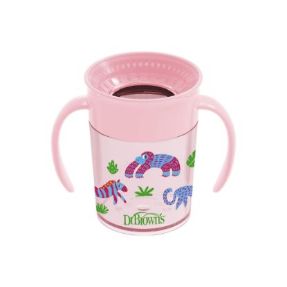 Picture of Dr. Brown's Milestones Cheers 360 Cup Spoutless Transition Cup with Handles for Easy Grip and Leak-Free Learning, Pink Safari, 7 oz/200 mL