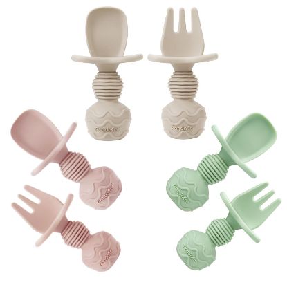 Picture of PandaEar 6 Pack Silicone Baby Spoons and Fork Feeding Set- Anti-Choke First Self Feeding Utensils for Baby Led Weaning Ages 3 Months (Pink, Green&Linen)