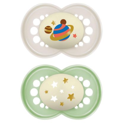 Picture of MAM Original Night Pacifiers, Binky Pacifier for 6-16 Months, BPA-Free Silicone, Glows in The Dark, Best for Newborn Babies, Developed with Medical Experts, 2 Count Binkies, with Sterilizer Case