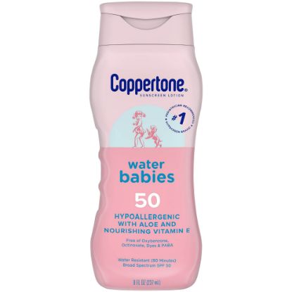 Picture of Coppertone WaterBabies Baby Sunscreen Lotion SPF 50, Baby Gifts for New Moms, Hypoallergenic Sunscreen for Babies, Water Resistant, Pediatrician Recommended, 8 Fl Oz Bottle