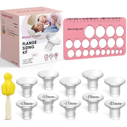 Picture of Nursi Luna Flange Sizing Kit 3 in 1 Ultimate with 10PCS Flange Inserts 13/15/17/19/21mm, Nipple Ruler, Cleaning Brush, Silicone Flanges Insert Kit for 24mm Most Pumps, Pumping Breastfeeding Essentials