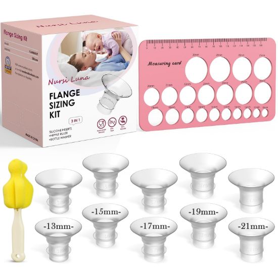 Picture of Nursi Luna Flange Sizing Kit 3 in 1 Ultimate with 10PCS Flange Inserts 13/15/17/19/21mm, Nipple Ruler, Cleaning Brush, Silicone Flanges Insert Kit for 24mm Most Pumps, Pumping Breastfeeding Essentials