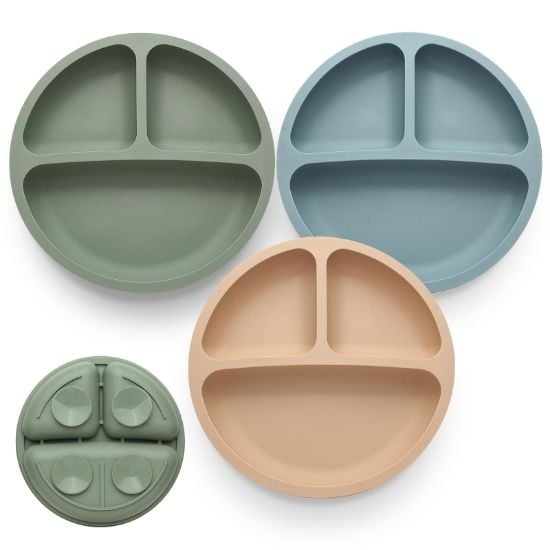 Picture of Eascrozn Toddler Plates 3 Pack, Divided Suction Plates for Baby, 100% Food Grade Silicone Baby Plates, Non-Slip, Baby Led Weaning Supplies, Microwave & Dishwasher Safe
