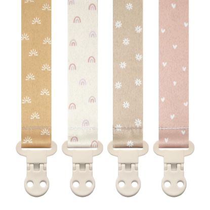 Picture of Stadela Baby Pacifier Clip Holder - Girl 4 Pack Gift Set - Boho Rainbow Suns Hearts Daisies Design (Belle)