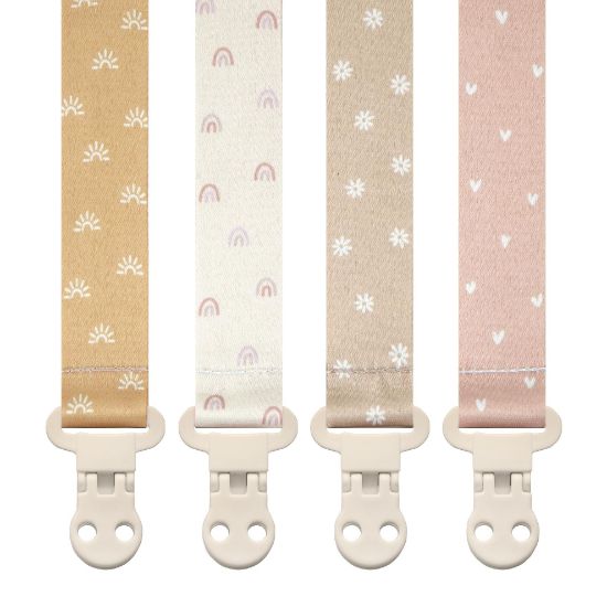 Picture of Stadela Baby Pacifier Clip Holder - Girl 4 Pack Gift Set - Boho Rainbow Suns Hearts Daisies Design (Belle)