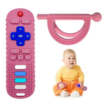 Picture of YAPROMO 2Pcs Baby Teething Toy, TV Remot Control ShapeTeether for Infant 18+ Months, Never Drop Silicone Chew Toy, Food Grade Silicone Teether
