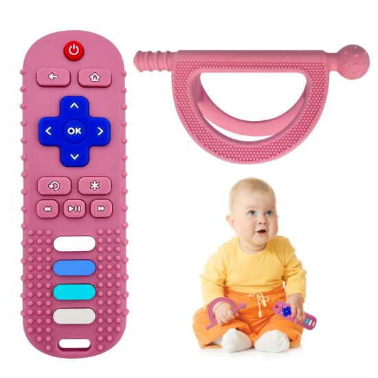 Picture of YAPROMO 2Pcs Baby Teething Toy, TV Remot Control ShapeTeether for Infant 18+ Months, Never Drop Silicone Chew Toy, Food Grade Silicone Teether