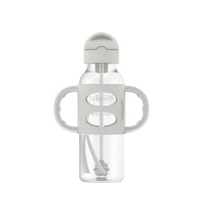 Picture of Dr. Brown's Milestones Narrow Sippy Straw Bottle, Spill-Proof with 100% Silicone Handles and Weighted Straw, 8 oz/250 mL, Gray, 6m+
