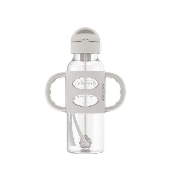 Picture of Dr. Brown's Milestones Narrow Sippy Straw Bottle, Spill-Proof with 100% Silicone Handles and Weighted Straw, 8 oz/250 mL, Gray, 6m+