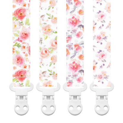 Picture of Baby Pacifier Clip Holder - Girl 4 Pack Gift Set - Vintage Rose Flowers Floral Pink, Coral, Green, Gray, Blush