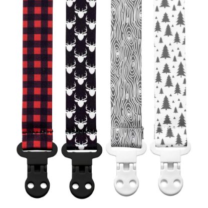 Picture of Baby Pacifier Clip Holder - Boy 4 Pack Gift Set - Plaid Deer Forest Woodland Trees Red Black Gray (Lumberjack)