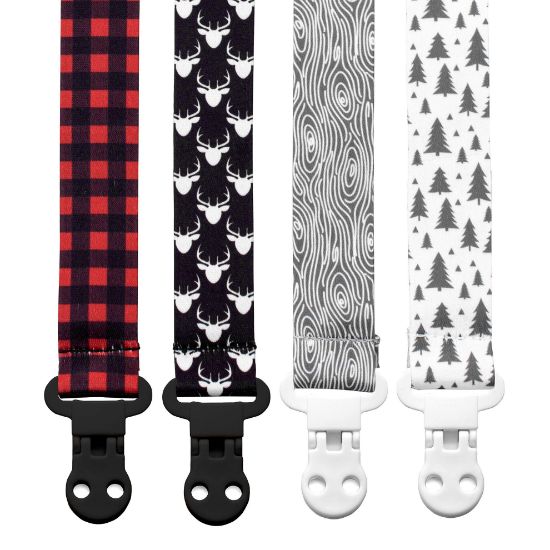 Picture of Baby Pacifier Clip Holder - Boy 4 Pack Gift Set - Plaid Deer Forest Woodland Trees Red Black Gray (Lumberjack)